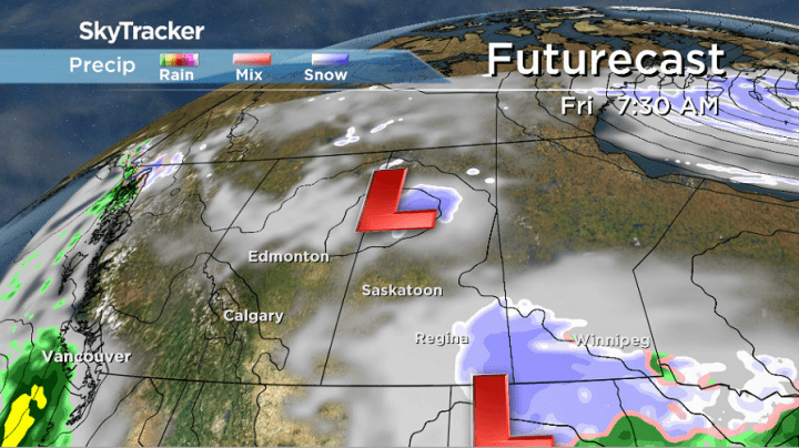 A low pressure system passing by to the north and south of Saskatoon will kick up some snow.