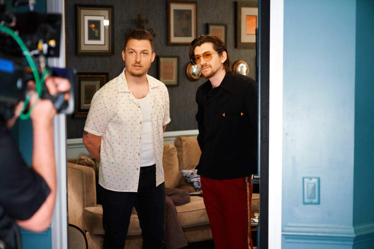 (L-R) Matt Helders and Alex Turner of Arctic Monkeys check in from the green room during The Late Late Show with James Corden, on May 14, 2018.