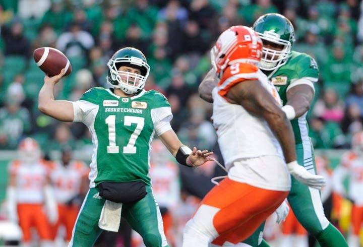 Saskatchewan Roughriders quarterback Zach Collaros looks downfield for a receiver during first half CFL action at Mosaic Stadium in Regina on Saturday, Oct. 27, 2018.