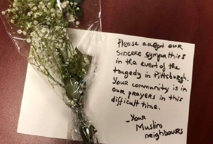 Rabbi Alan Bright found flowers and a note outside his synagogue a night or two ago. On the note was written a message of sympathy regarding the Pittsburgh shootings from a member of the Muslim community. Monday, Oct. 29, 2018.