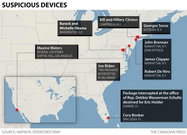Map showing the locations of packages across the U.S.