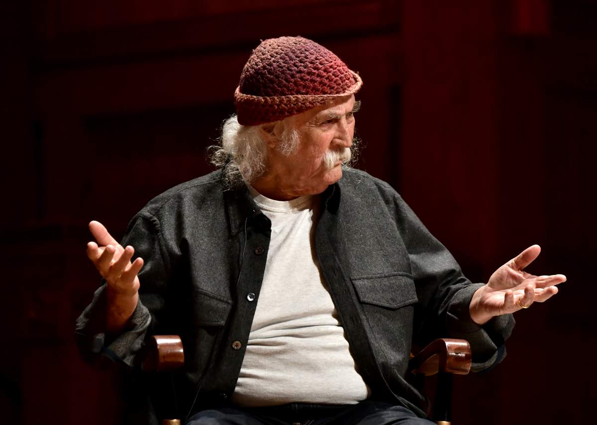 David Crosby speaks at Harvard University’s Sanders Theatre on Sept. 25, 2018 in Cambridge, Mass.