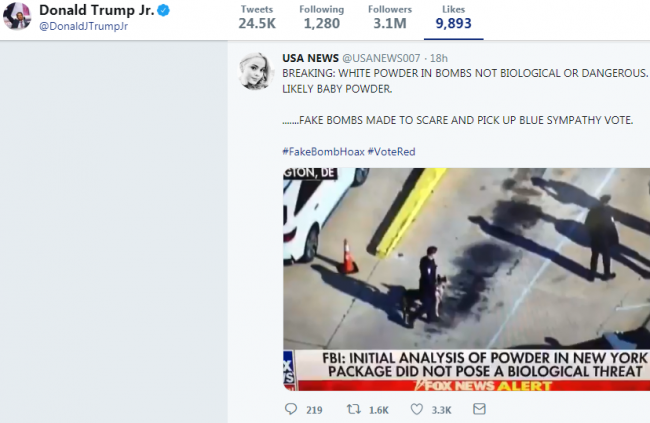 Screenshot of a tweet, liked by Donald Trump Jr., which suggested that the pipe bomb delivers were orchestrated by Democrats or their supporters.