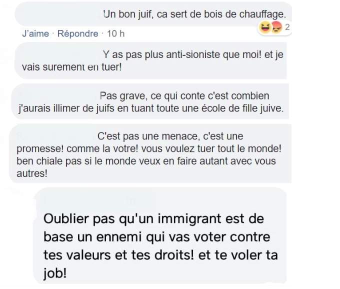A screen grab of threatening comments allegedly posted on the Journal de Montréal Facebook page.