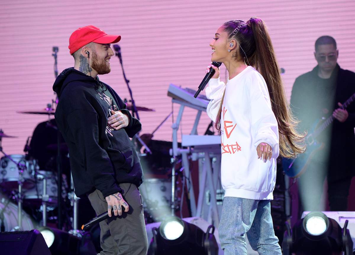 Mac Miller (L) and Ariana Grande perform on stage during the One Love Manchester Benefit Concert at Old Trafford Cricket Ground on June 4, 2017 in Manchester, England.