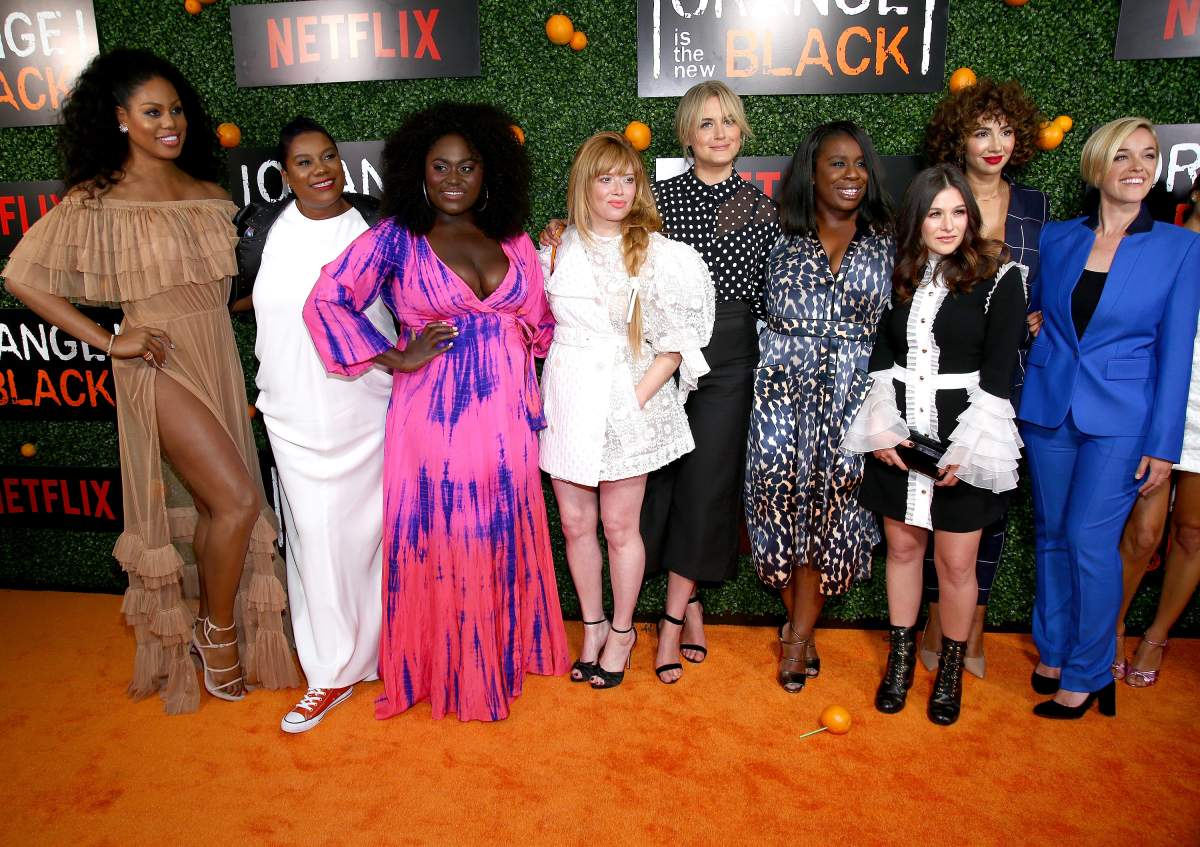  (L-R) Laverne Cox, Adrienne C. Moore, Danielle Brooks, Natasha Lyonee, Taylor Schilling, Uzo Aduba, Yael Stone, Jackie Cruz and Lauren Morelli attend the 'Orange Is The New Black' Season 5 Celebration at Catch on June 9, 2017 in New York City.