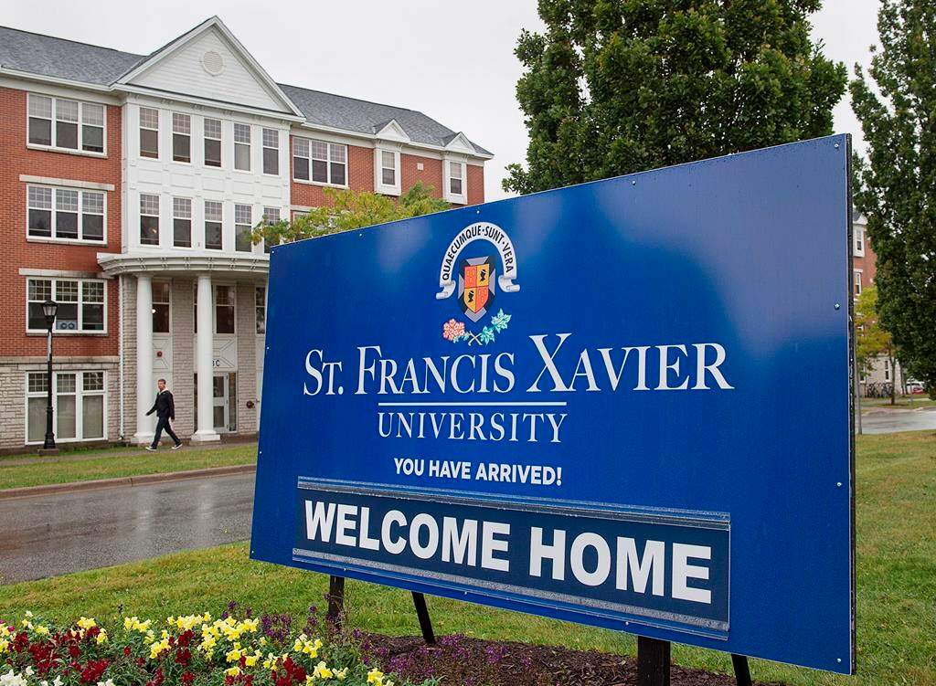 A sign marks one of the entrances to the St. Francis Xavier University campus in Antigonish, N.S. on Friday, Sept. 28, 2018.