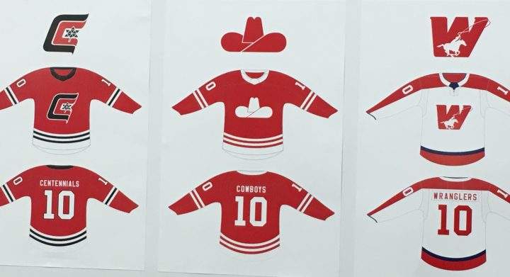 Drawings of the Calgary Hitmen jerseys that will honour former teams The Calgary Wranglers, Calgary Cowboys and Calgary Centennials.