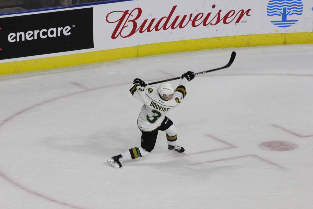 Adam Boqvist unleashes a shot in a game for the London Knights.