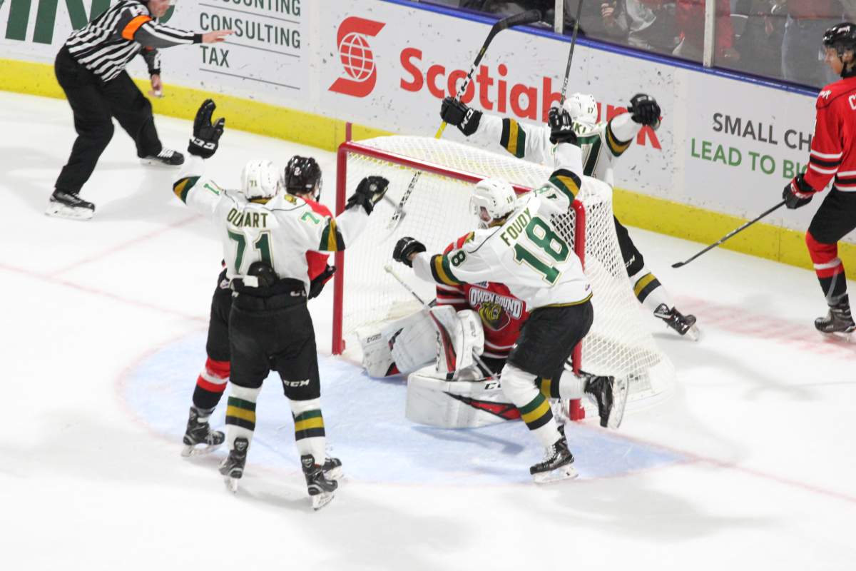 London, Ont., Nathan Dunkley of the London Knights celebrates what would be the game-winning goal in a 4-1 victory over the Owen Sound Attack.