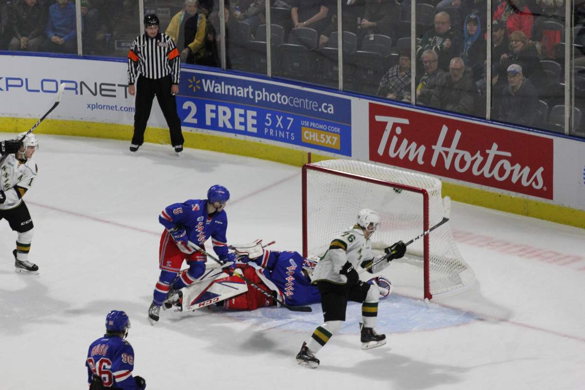 Billy Moskal celebrates after scoring a goal to put the Knights ahead 2-0 against Kitchener.