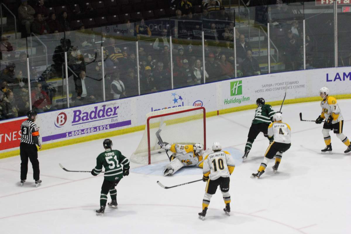 Josh Nelson of the London Knights backhands home the game-winning goal in the second period of a 4-2 London victory over the Sarnia Sting.