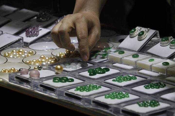 Jade jewelry is shown on display at the Mid Year Myanmar Jade and Gems Emporium 2016 in Naypyitaw, Myanmar, Nov. 20, 2016.