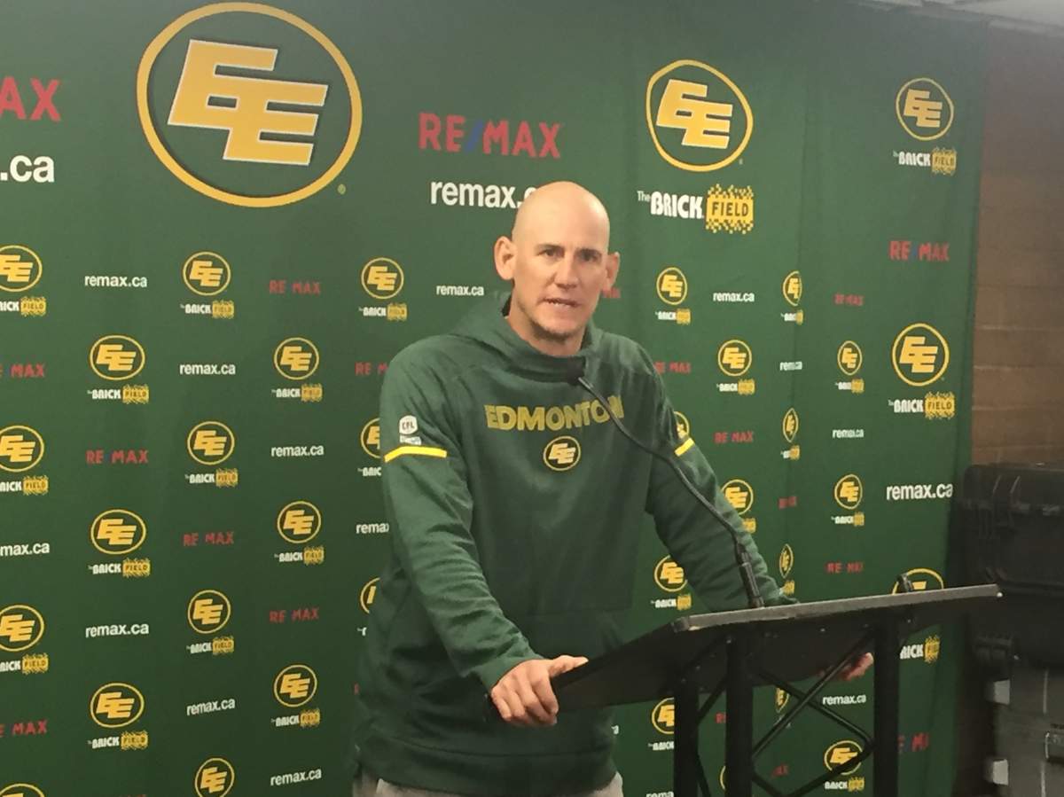 Edmonton Eskimos head coach Jason Maas speaks to media Oct. 1, 2018.