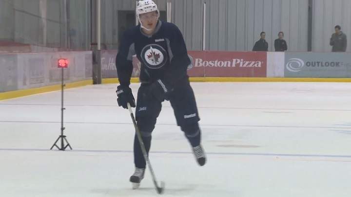Winnipeg Jets forward Kristian Vesalainen takes part in fitness testing.