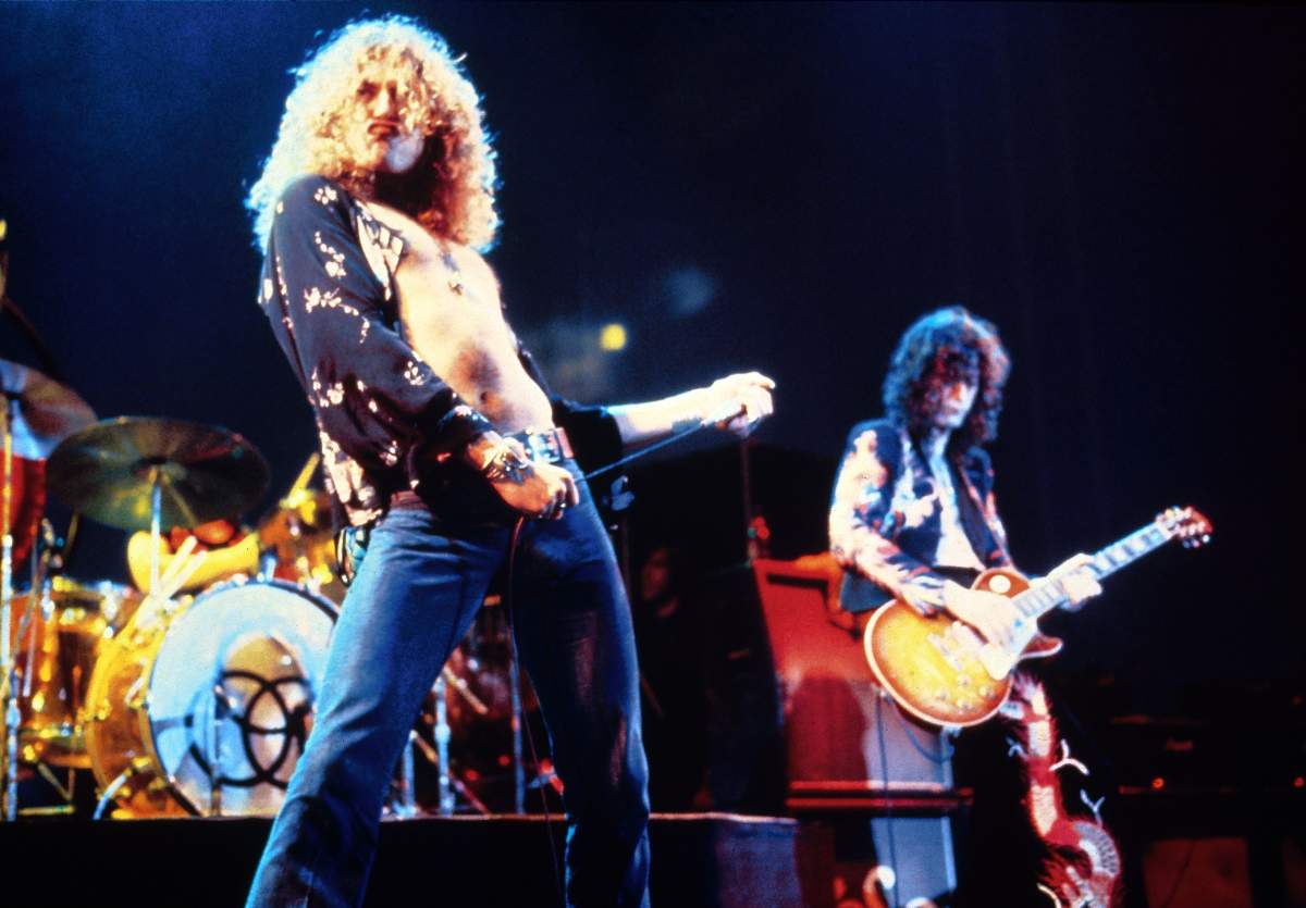 (L-R) Robert Plant and Jimmy Page performing live onstage with Led Zeppelin.