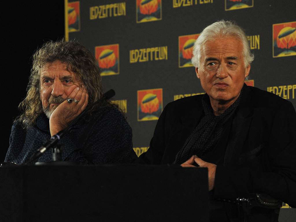 (L-R) Robert Plant and Jimmy Page attend a press conference to announce Led Zeppelin’s new live DVD, Celebration Day, on Sept. 21, 2012 in London, England.