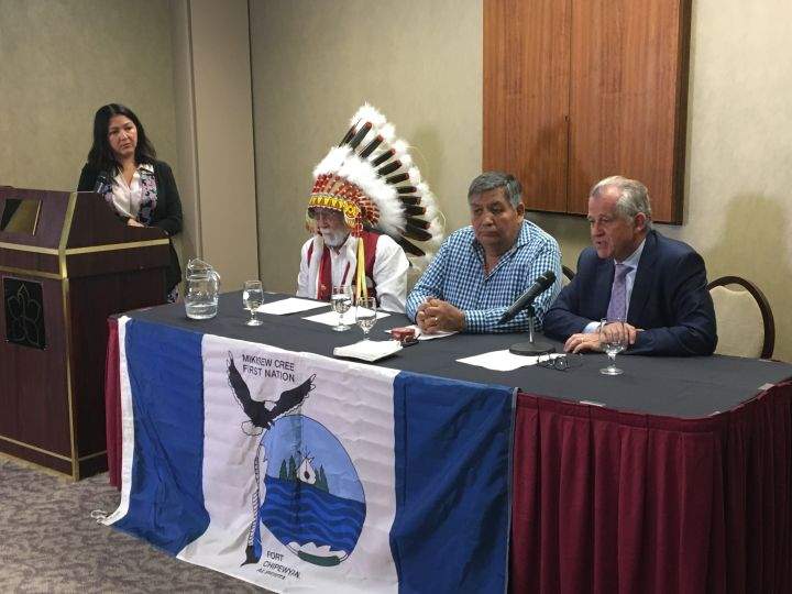 Members of the Mikisew Cree First Nation speak following Supreme Court’s decision Thursday, Oct. 11, 2018.