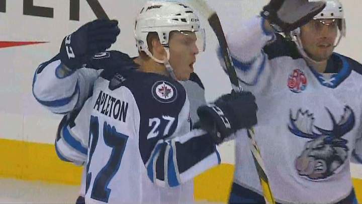 The Manitoba Moose celebrate a first period goal against the Belleville Senators on Friday at Bell MTS Place.