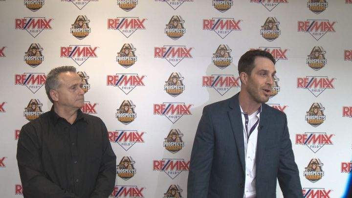 Pat Cassidy, the Edmonton Prospects' managing partner (left) is seen at a news conference in which he named Jordan Blundell (right) as the Prospects' new coach.