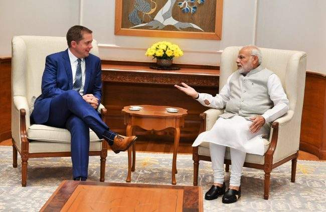 Conservative Leader Andrew Scheer and Indian Prime Minister Narendra Modi meet in New Delhi, India, Oct. 9, 2018.