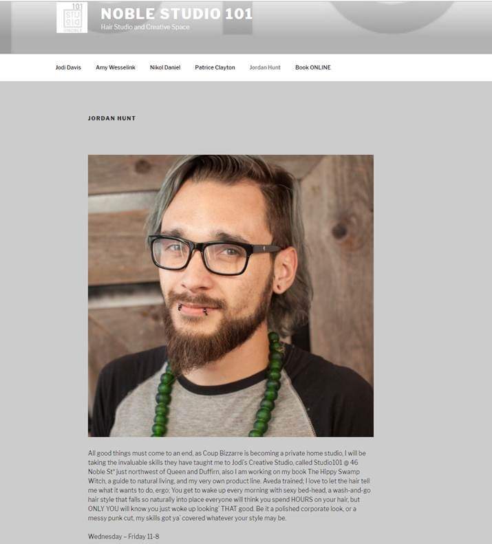 An internet cache version of a profile showing Jordan Hunt on the Noble 101 Hair Studio website.