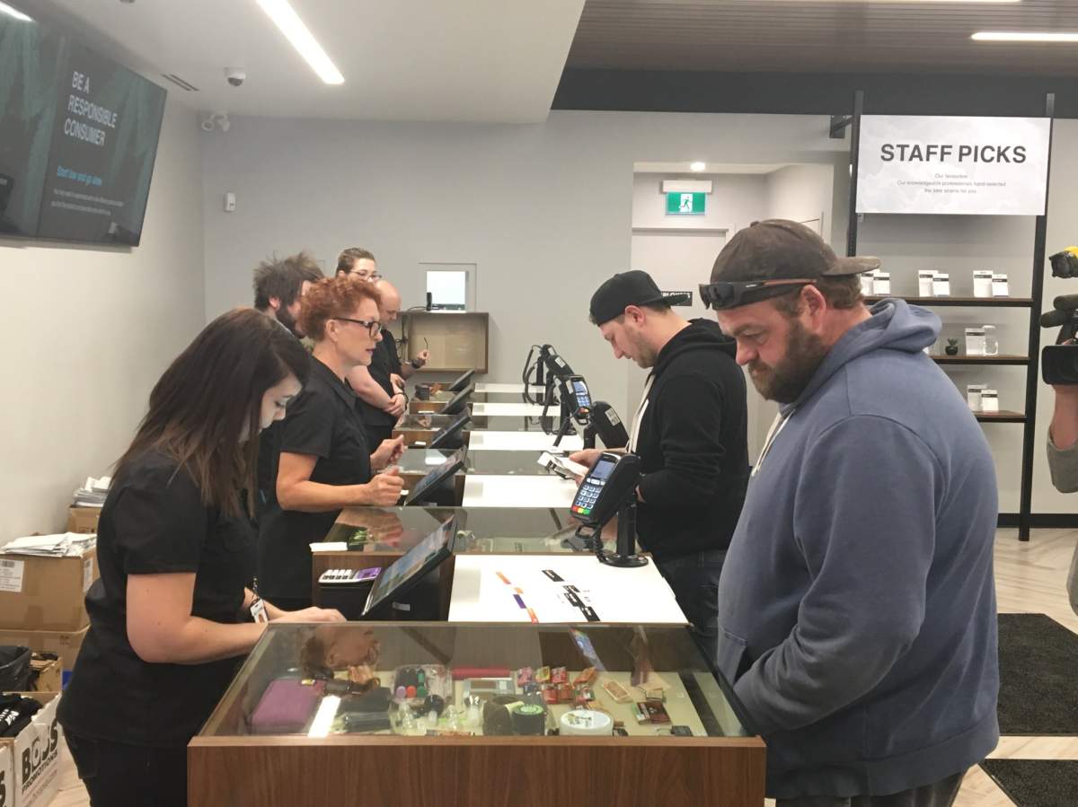 Hundreds of people lined up at Nova Cannabis near 80 Avenue and 104 Street in south Edmonton on Oct. 17, 2018, on the first day of marijuana legalization in Canada. 

