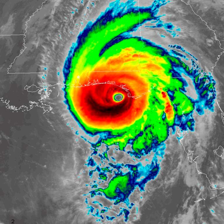 This infrared satellite image made available by NOAA shows Hurricane Michael approaching the Florida panhandle on Wednesday, Oct. 10, 2018 at 11:40 a.m. EDT.