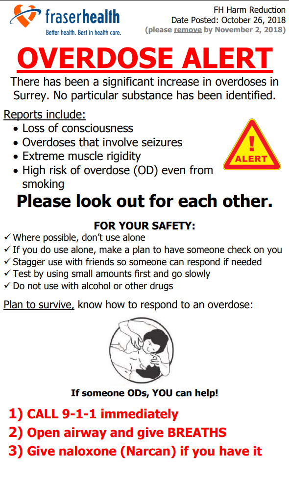 Fraser Health says at least 12 people overdosed in north Surrey in a four hour period in on Friday night.