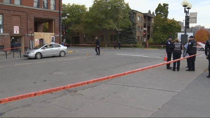 A pedestrian was injured after being struck by a vehicle at the intersection of Guy and Notre-Dame Street. Monday, Oct. 15, 2018.