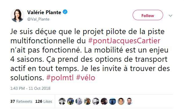 Montreal Mayor Valérie Plante tweeted her disappointment that the multipurpose path on the Jacques Cartier Bridge will be closed for another winter.