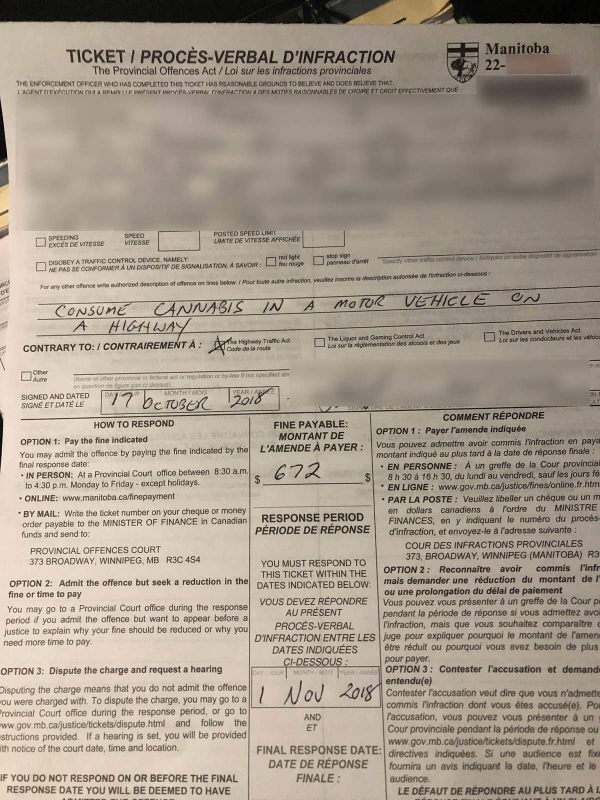 A ticket for consuming cannabis in a motor vehicle.