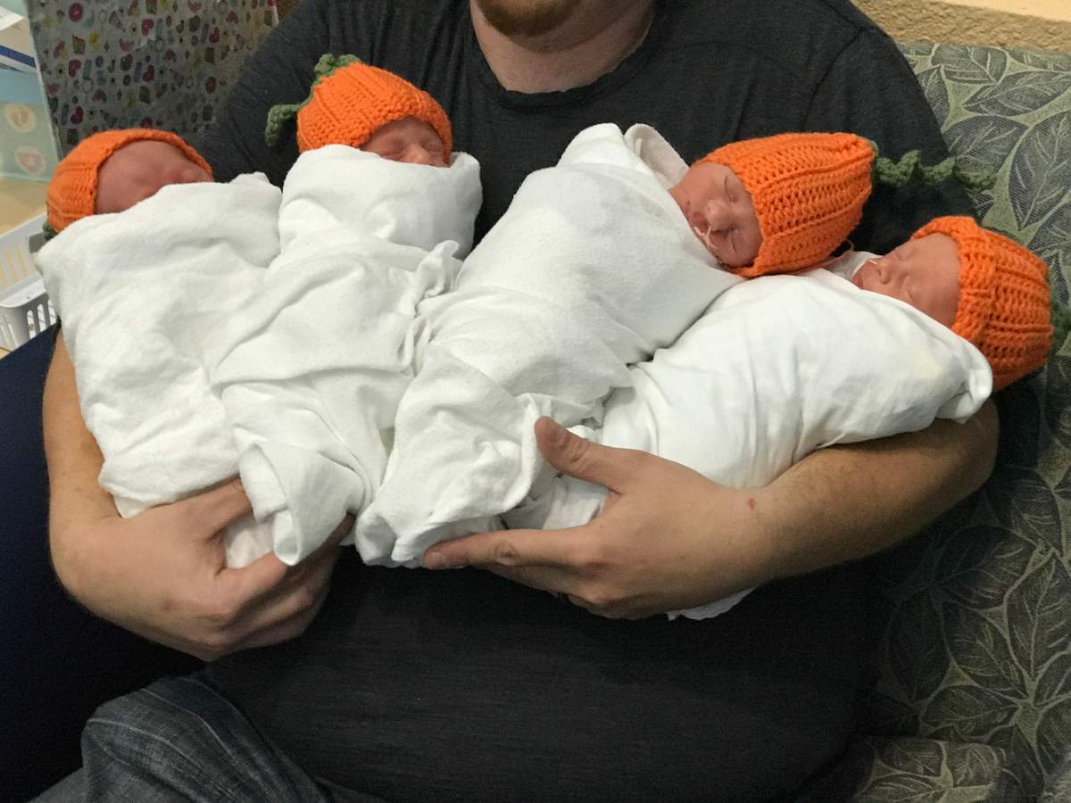 Alberta couple Charlene and Gregory Hainsworth welcomed quadruplets Thomas, Connor, Micheal and Harper on Oct. 18, 2018.