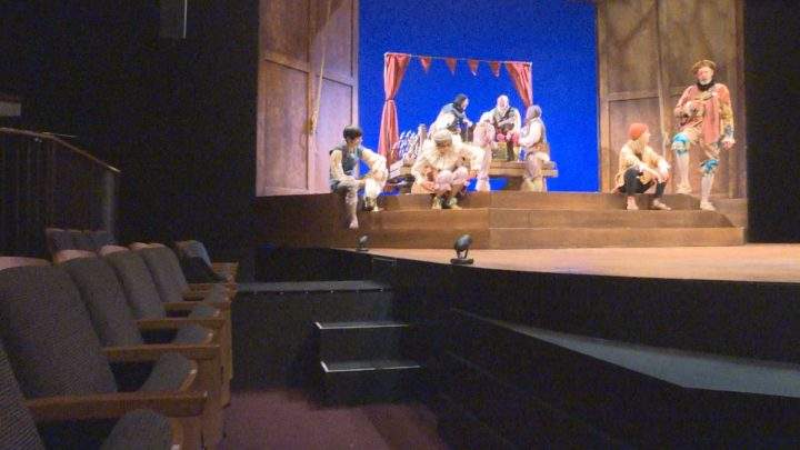 Seats have been removed and the stage has been extended allowing a more intimate and immersive audience experience for audience members of “Rosencrantz and Guildenstern are Dead.”