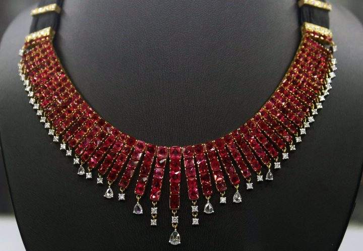 A gemstone necklace is displayed during the opening ceremony of the Myanmar Gems and Jewelry Day in Naypyitaw, Myanmar, 03 August 2017.