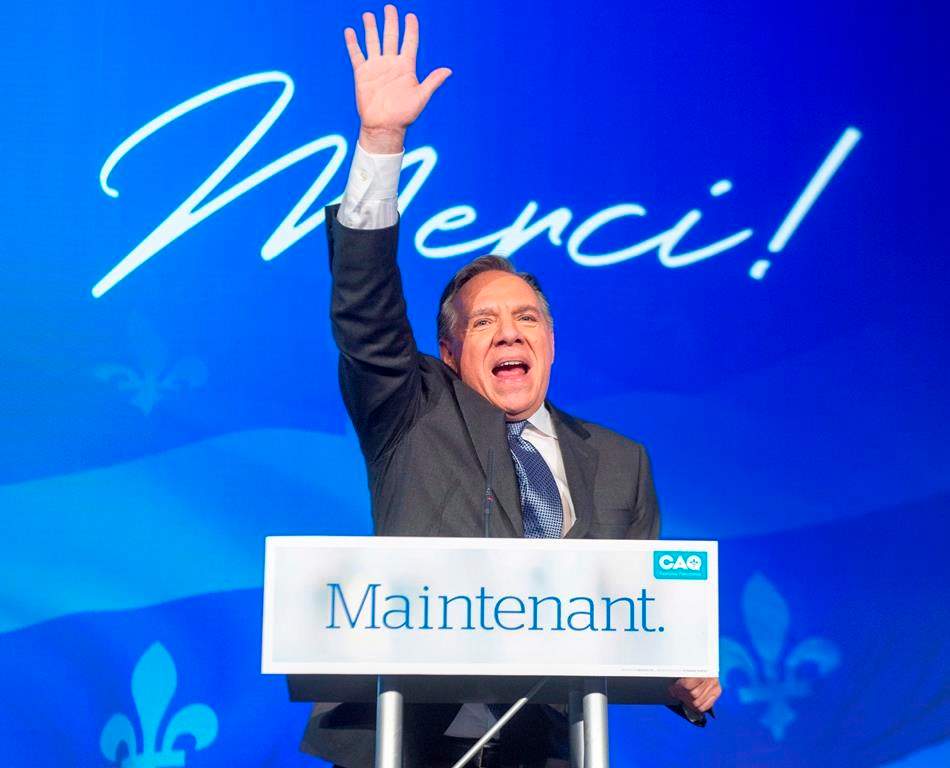 Coalition Avenir Québec Leader François Legault speaks to supporters after winning the provincial election Monday, Oct. 1, 2018 in Quebec City.