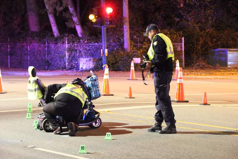 One person was taken to hospital with serious injuries after their scooter was hit in Surrey on Wednesday.
