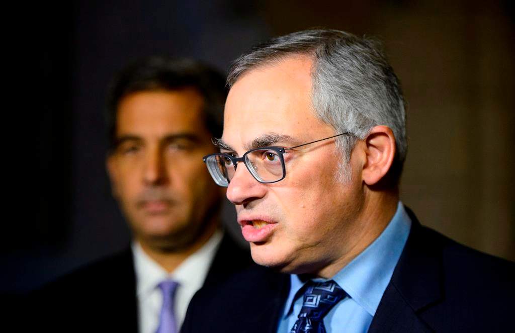Conservative Shadow Minister for Justice Tony Clement and Shadow Minister for Public Safety and Emergency Preparedness Pierre Paul-Hus hold a press conference on Parliament Hill in Ottawa on Monday, Oct. 22, 2018. THE CANADIAN PRESS/Sean Kilpatrick.