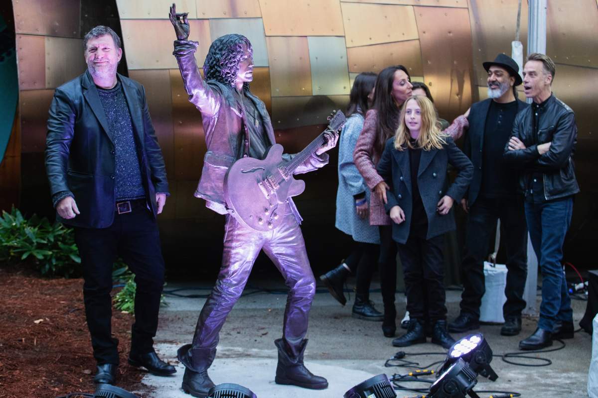 Ben Shepherd, Kim Thayil and Matt Cameron of Soundgarden attend the public unveiling of a statue of Chris Cornell at MoPOP on Oct. 7, 2018, in Seattle, Wash.