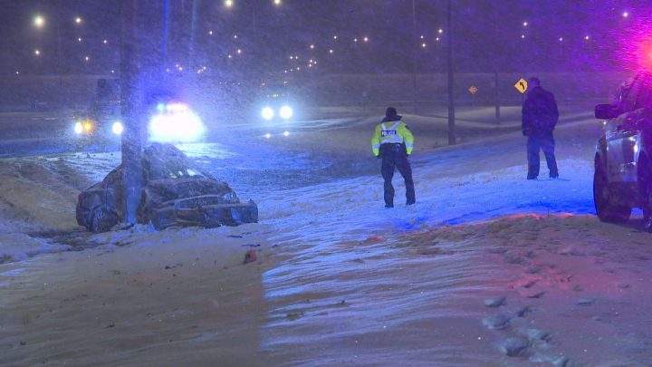 One person was taken to hospital after crashing into a light post on Stoney Trail on Tuesday night, police said.