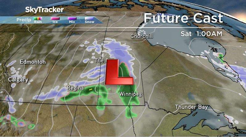 Future Cast image of Alberta Clipper in southern Manitoba late Friday night.