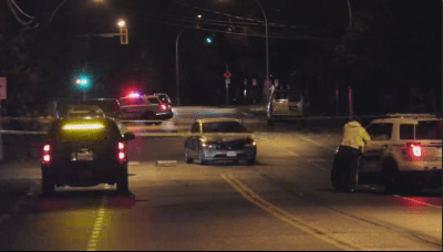 Surrey RCMP on scene of the collision involving a pedestrian Sunday, Sept. 30.