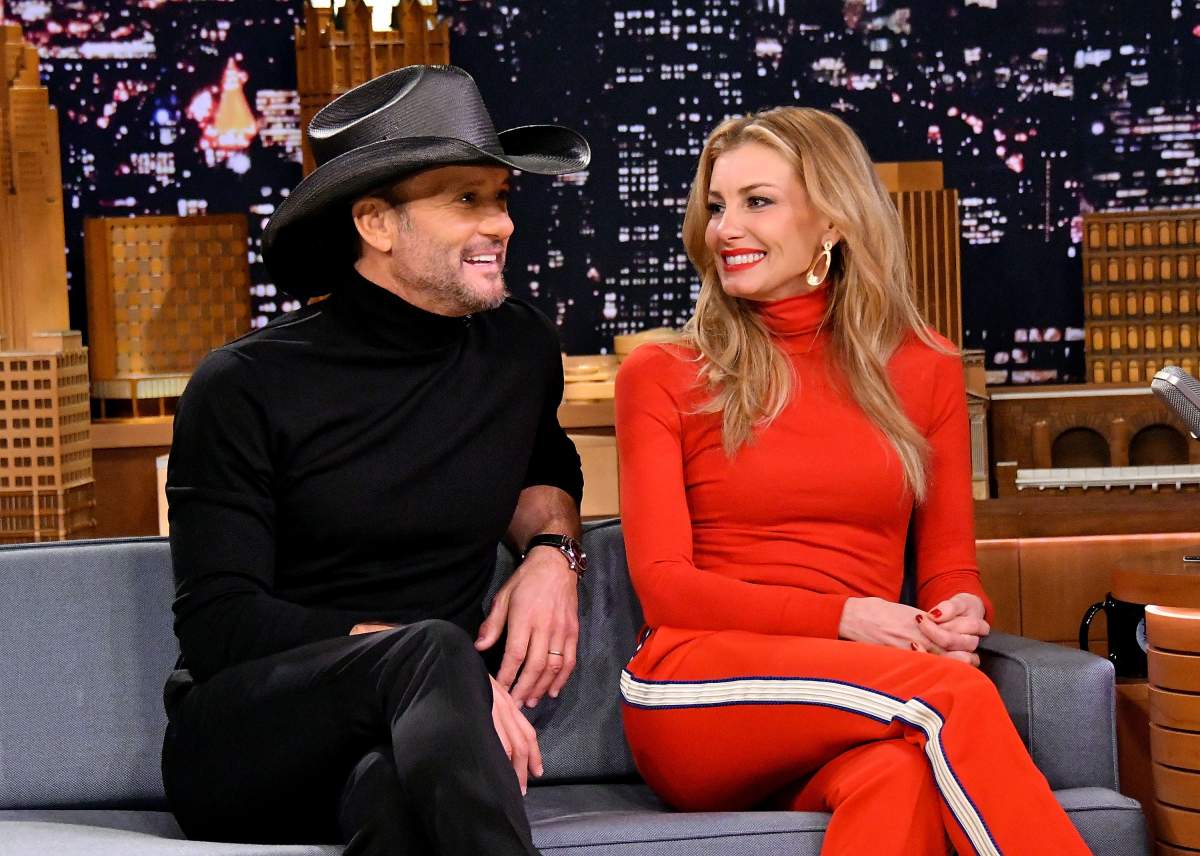 (L-R) Tim McGraw and wife, Faith Hill on The Tonight Show Starring Jimmy Fallon at Rockefeller Center on November 16, 2017, in New York City.