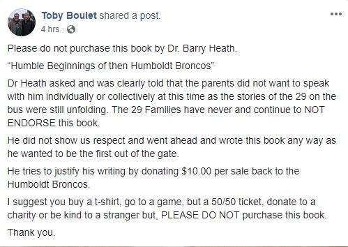Toby Boulet post on Facebook.