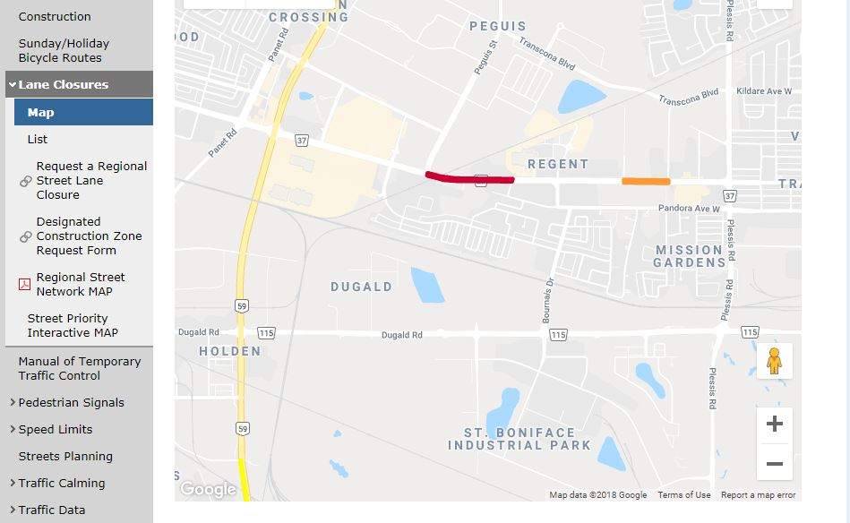The city’s website shows active road closures, including Regent Avenue.