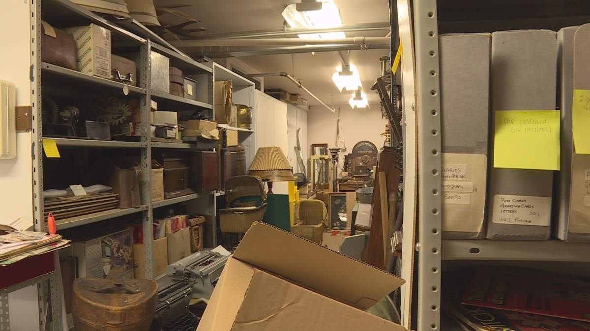 A crowded storage space at the Greater Vernon Museum and Archives.