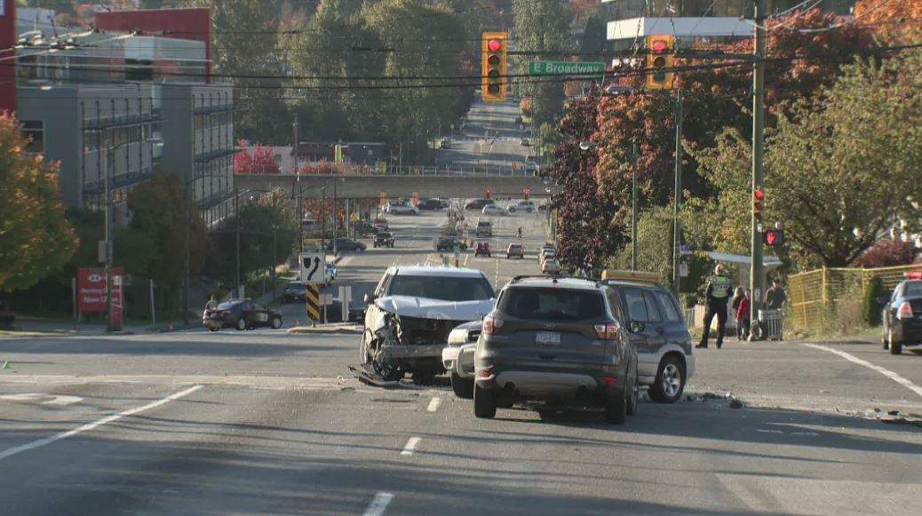 A three-vehicle crash involving an unmarked police SUV in Vancouver on Sunday.