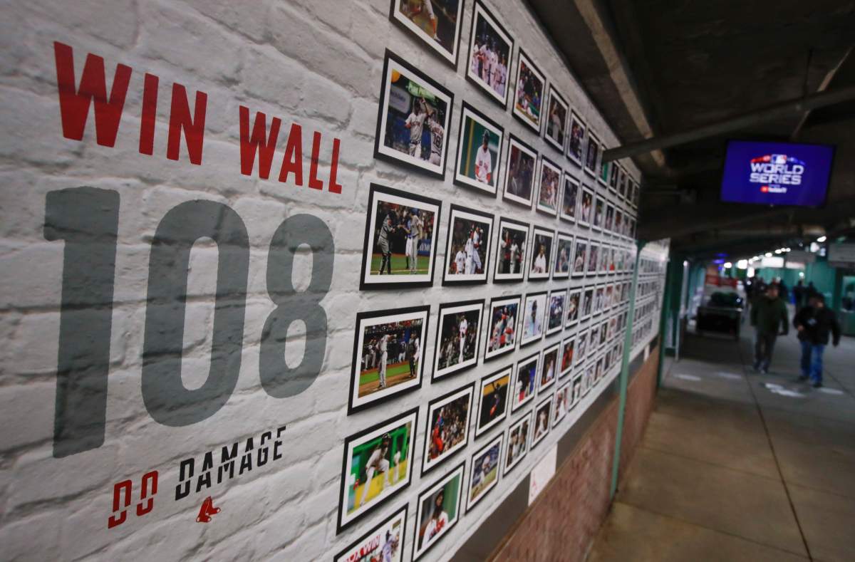 The Win Wall is seen in Fenway Park before Game 1 of the World Series baseball game between the Boston Red Sox and the Los Angeles Dodgers Monday, Oct. 22, 2018, in Boston.