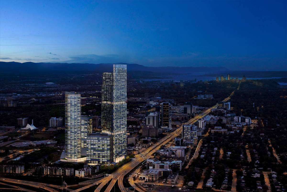 Quebec City's centuries-old French-style architecture has earned it a reputation as one of Canada's most beautiful cities, but a massive highrise project has some opponents worrying that it will forever change the face of the quiet government town. The $755 million project proposed by Groupe Dallaire, called "Le Phare", bills itself as a "complete vertical neighbourhood" that will include residences, offices, hotel rooms, a year-round public square and a concert hall. An artist's rendition of the complex is seen in an undated handout image. 