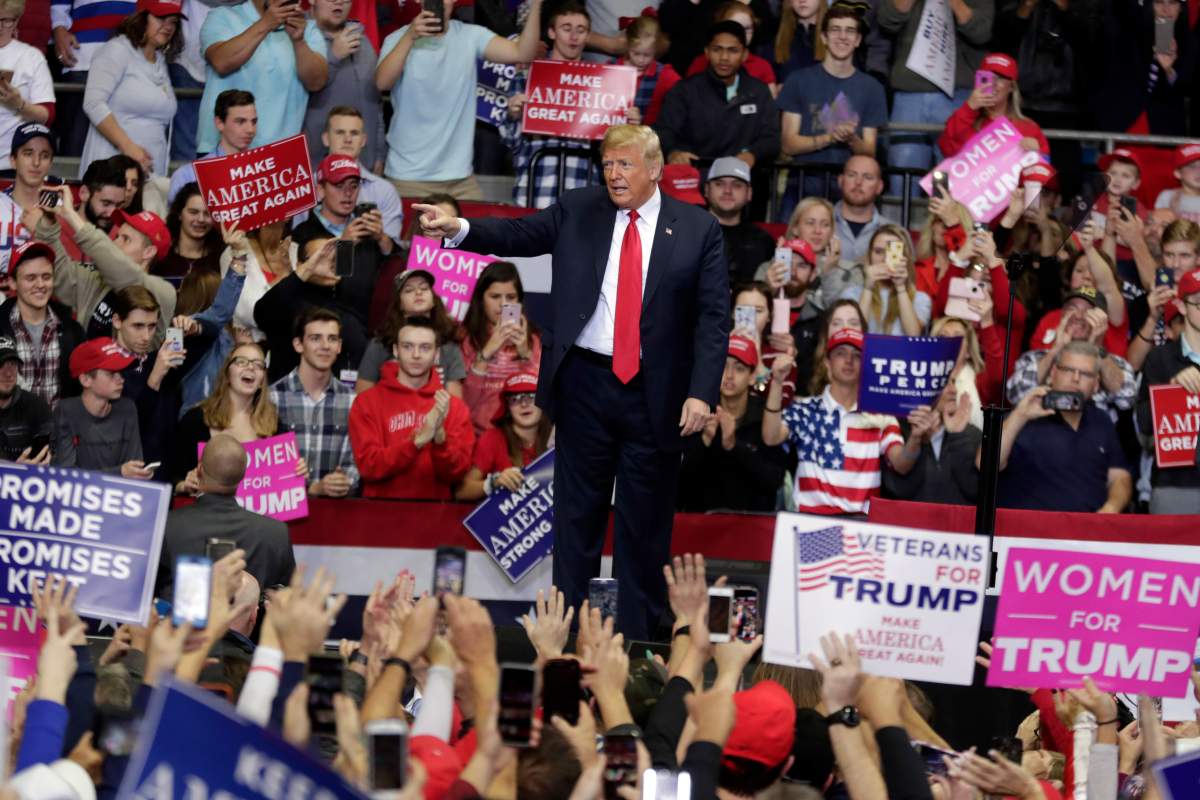 President Donald Trump speaks at a campaign rally at the Allen County War Memorial Coliseum in Fort Wayne, Ind., Monday, Nov. 5, 2018. (AP Photo/Michael Conroy).